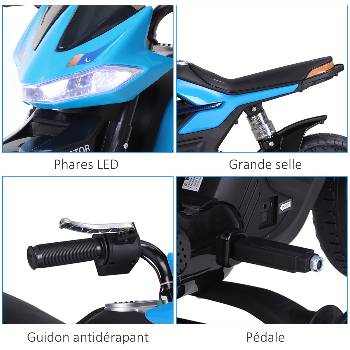 Moto elettrica per bambini 3-6 anni 25 W 6 V 3 km/h con luci e suoni, rotelle rimovibili, carico max 30 kg, blu