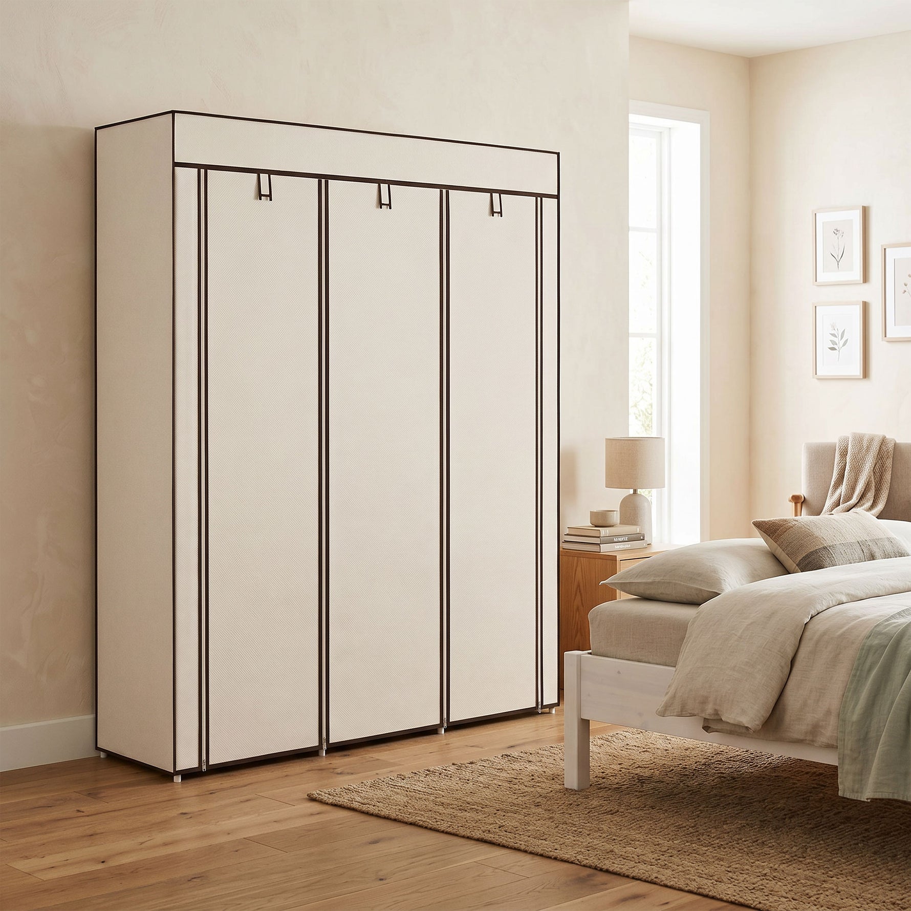 Armoire penderie multi-rangement - 8 étagères, 2 barres - non tissé crème
