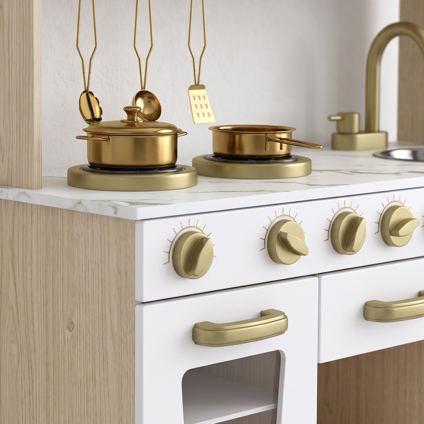 Cuisine Enfant en Bois, Dinette Cuisine Enfant avec Ustensiles en Acier Inoxydable, pour 3 à 6 Ans, 74x29x81cm, Blanc