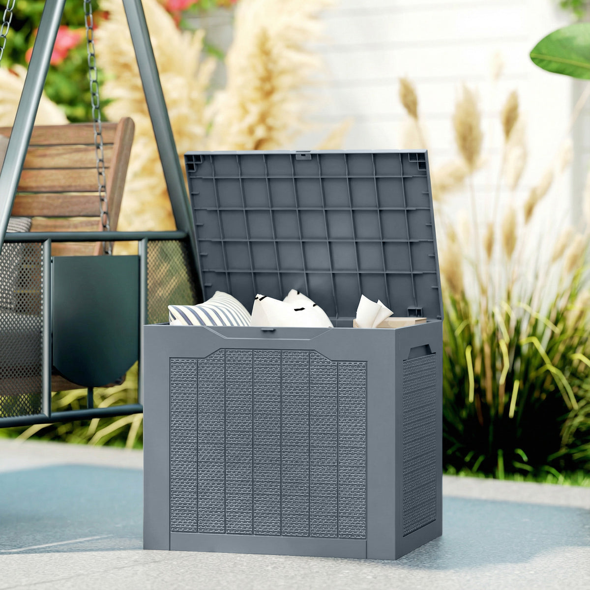 Coffre de Rangement Extérieur 97L avec Poignées Encastrées, Malle de Rangement Extérieur Étanche, 56x41x50cm, Gris Clair
