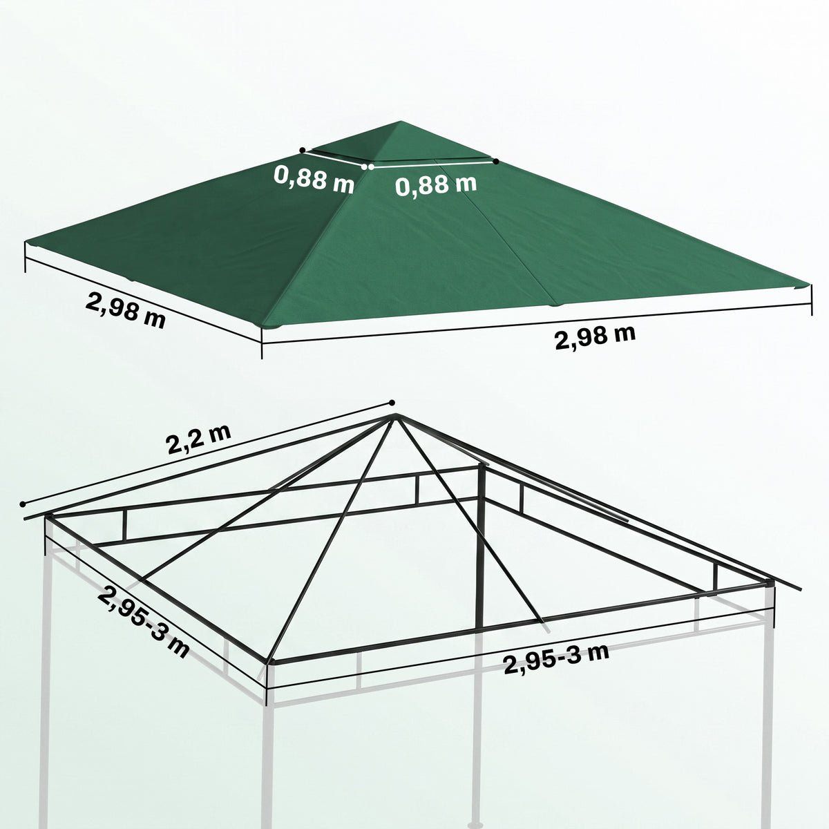 Toile de rechange pour pavillon toit de remplacement gazebo tissu polyester haute densité 180 g/m² anti-UV 3 x 3 m vert