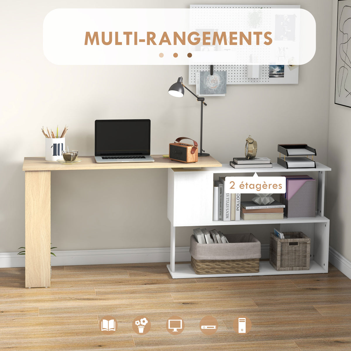 Bureau d'angle bureau informatique modulable bibliothèque intégrée + étagère 3 niveaux blanc et bois naturel