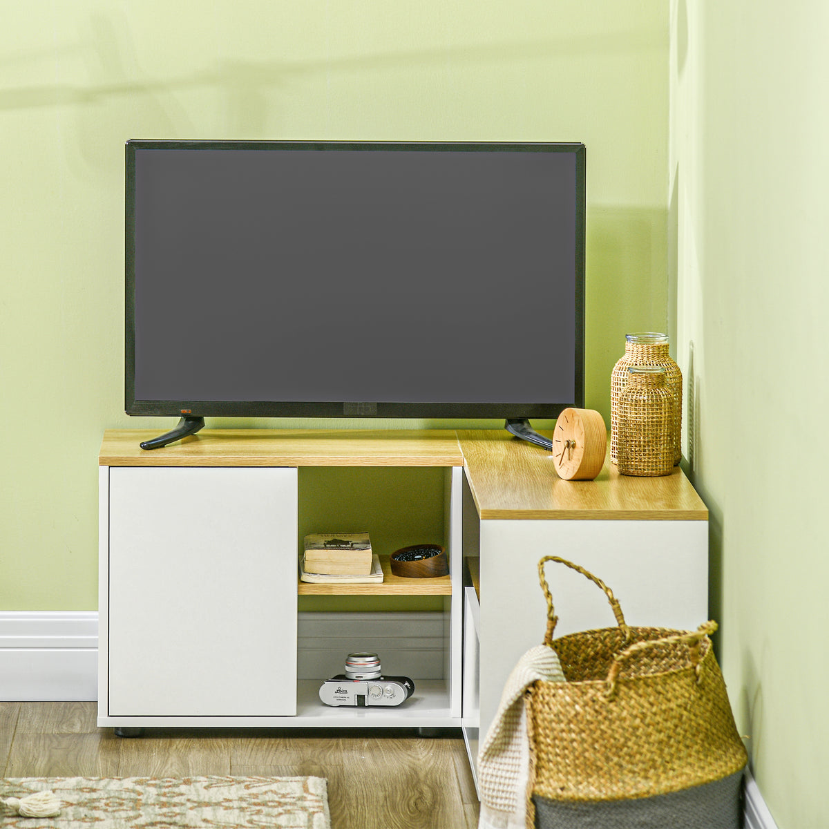 Meuble TV d'angle banc télévision jusqu'à 40 pouces avec rangements aspect bois clair et blanc