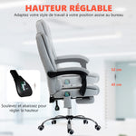 Fauteuil de bureau massant et chauffant, chaise de bureau, hauteur réglable, dossier inclinable, 65x70x111-119cm, gris