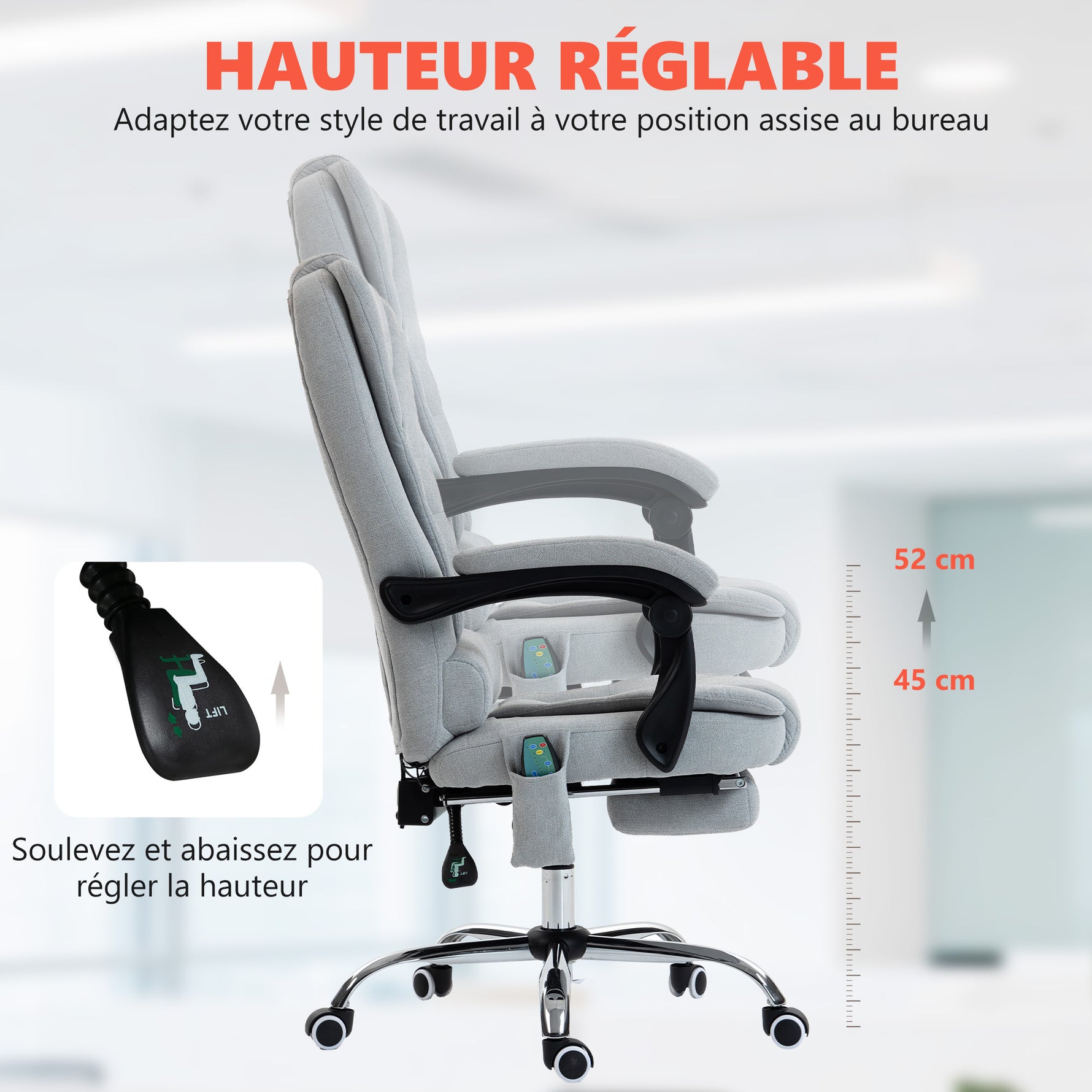 Fauteuil de bureau massant et chauffant, chaise de bureau, hauteur réglable, dossier inclinable, 65x70x111-119cm, gris