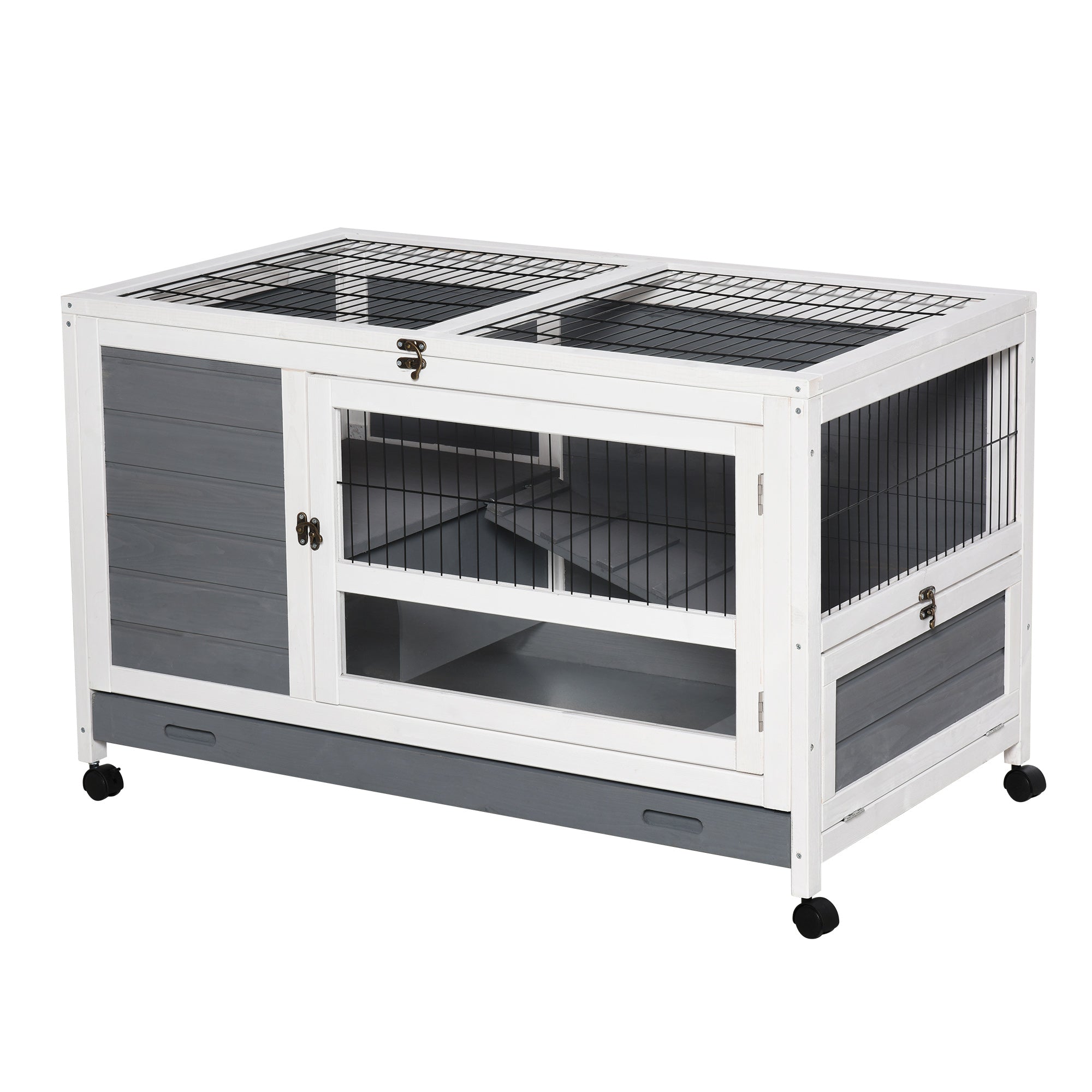 Wooden rabbit hutch, rabbit villa cage with sliding tray, lockable door, openable roof, grey