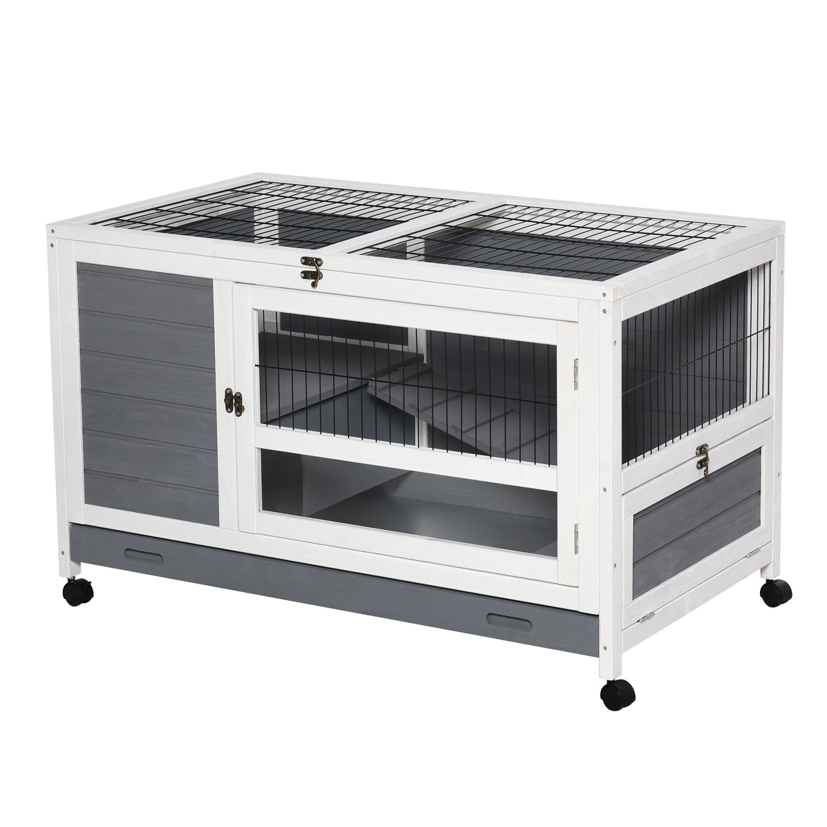 Clapier en bois cage à lapin villa pour lapin avec plateau coulissant, porte verrouillable, dessus ouvrable gris