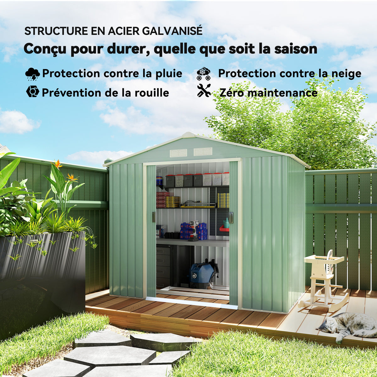 Abri de Jardin 2,42 m² - Remise pour Outils avec Fondation - cabanon Porte verrouillable - tôle d'acier Vert clair