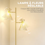 Lampadaire sur pied salon à double tête réglable, lampe sur pied, abat-jour en verre floral, 42 x 25 x 165 cm, doré