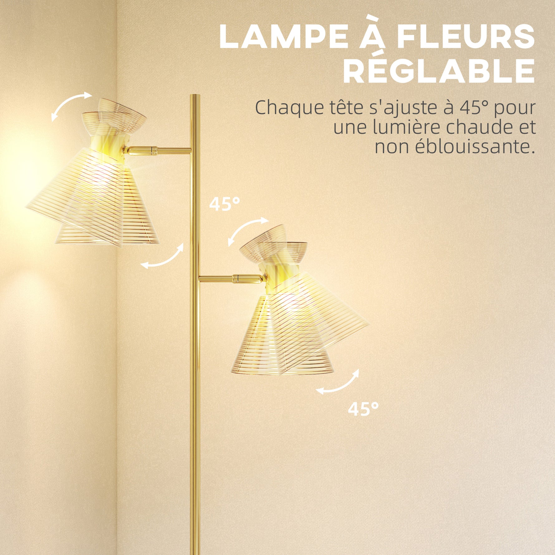 Lampadaire sur pied salon à double tête réglable, lampe sur pied, abat-jour en verre floral, 42 x 25 x 165 cm, doré