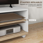 Meuble TV sur roulettes avec 2 Freins - 2 niches + Placard Porte 2 Passe-Fil - en bois Blanc chêne Clair
