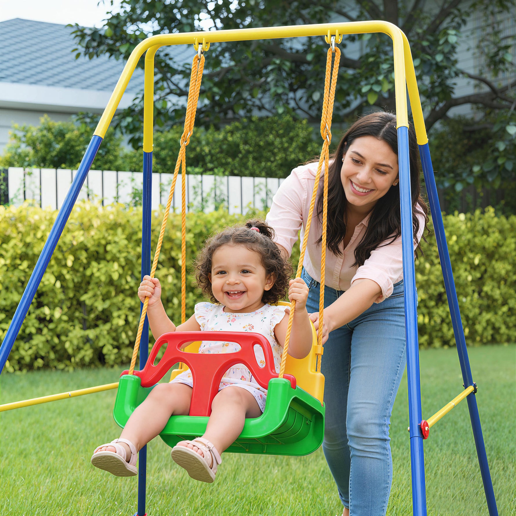 Portique Balançoire Enfants 3-en-1, Balançoire Pliable avec Siège Réglable, Intérieur et Extérieur, Multicolore
