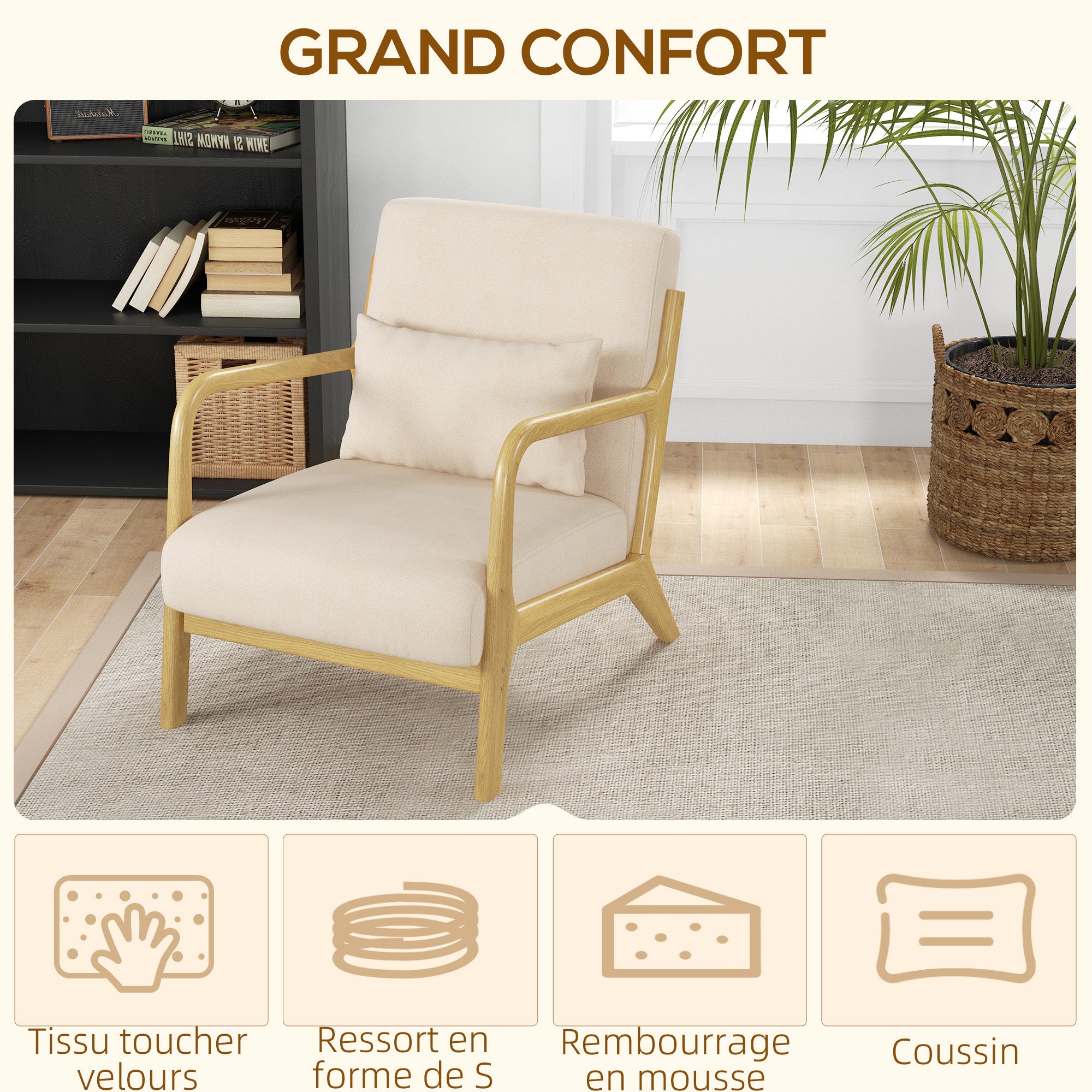 Fauteuil lounge - 3 coussins inclus - assise profonde - accoudoirs - structure bois hévéa - aspect velours beige