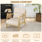 Fauteuil lounge - 3 coussins inclus - assise profonde - accoudoirs - structure bois hévéa - aspect velours beige