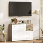 Buffet salon, meuble de rangement avec 2 tiroirs, 3 portes et étagère réglable, 106 x 35 x 76 cm, blanc et bois naturel