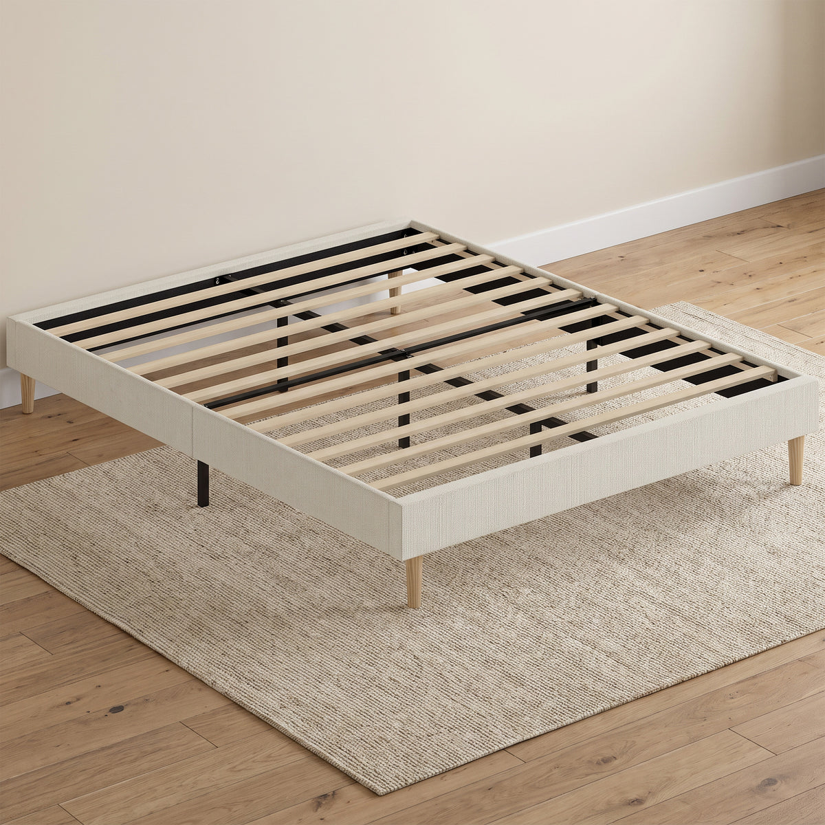 Bedframe 160 x 200 cm met lattenbodem, tweepersoonsbed gestoffeerd in corduroy, opbergruimte eronder, crème