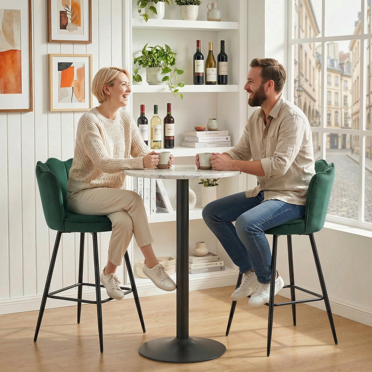 Lot de 2 tabourets de bar, chaises de bar avec dossier et repose-pieds, pieds en acier, 54 x 55 x 97 cm, vert foncé