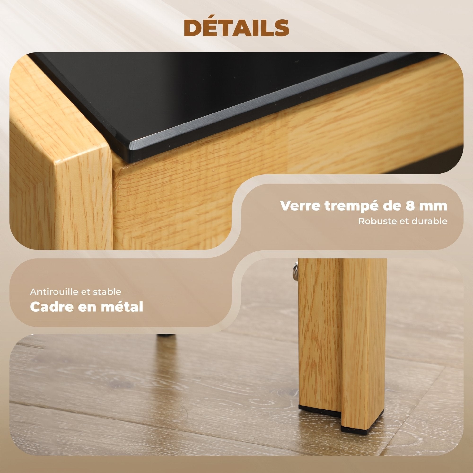 Dining Table Set with 4 Faux Leather Chairs, Rectangular Tempered Glass Top, 120x70x75cm, Natural