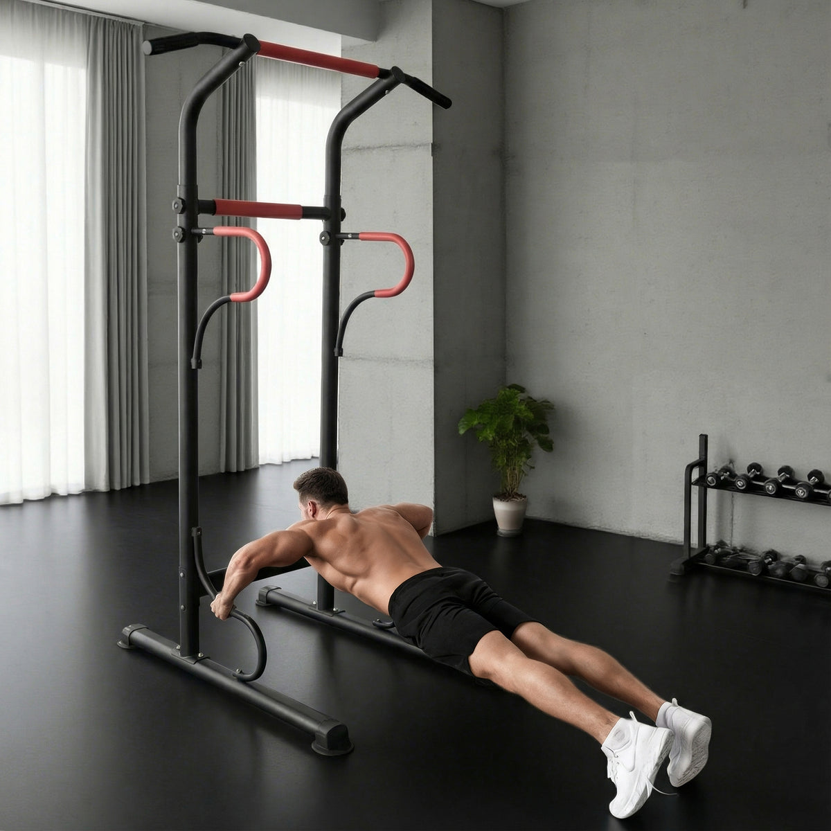 Station de musculation multifonctions barre de traction chaise romaine hauteur réglable acier noir rouge