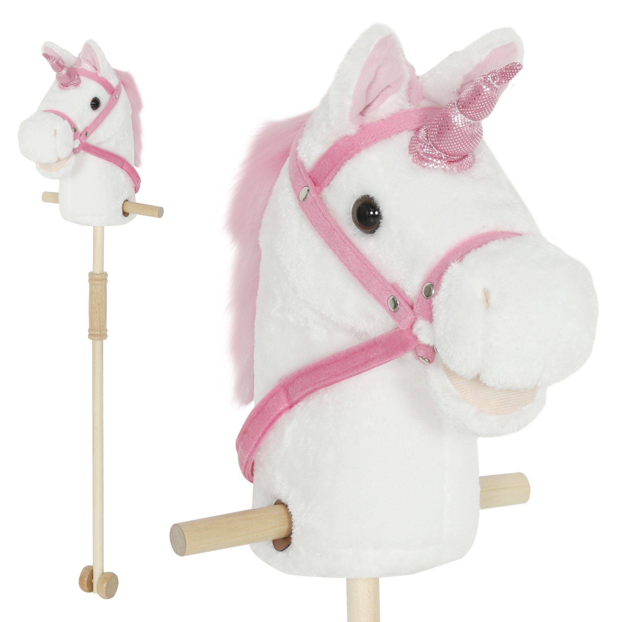 Cheval Bâton pour Enfants de 1+ Ans - Hobby Horse 95 cm, Roues, Sons Réalistes, Tête Légère en Mousse, Blanc