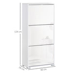 Meuble à Chaussures Armoire à chaussures 3 Portes abattantes 3 Compartiments en bois 60L x 26I x 124H cm Blanc laqué