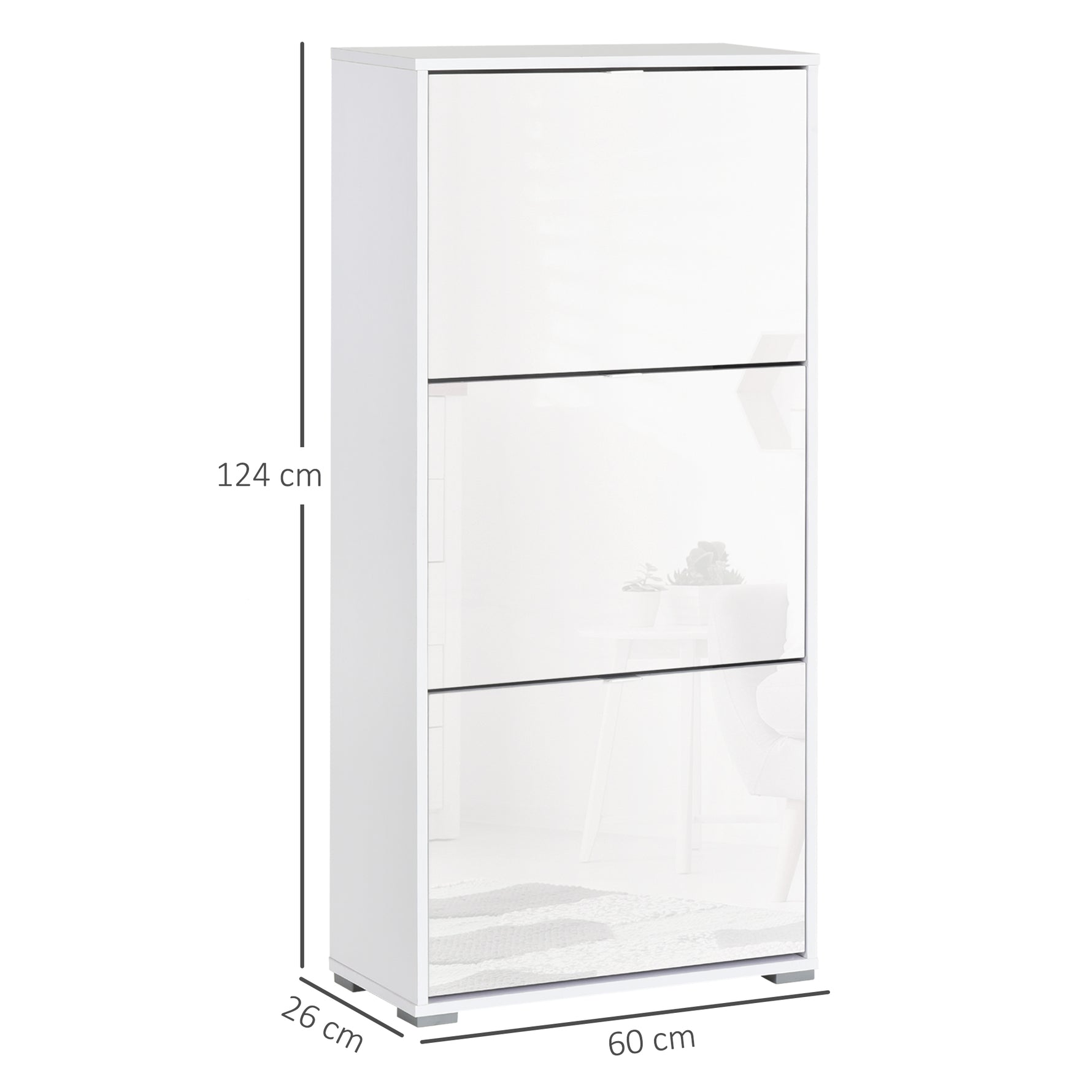 Meuble à Chaussures Armoire à chaussures 3 Portes abattantes 3 Compartiments en bois 60L x 26I x 124H cm Blanc laqué