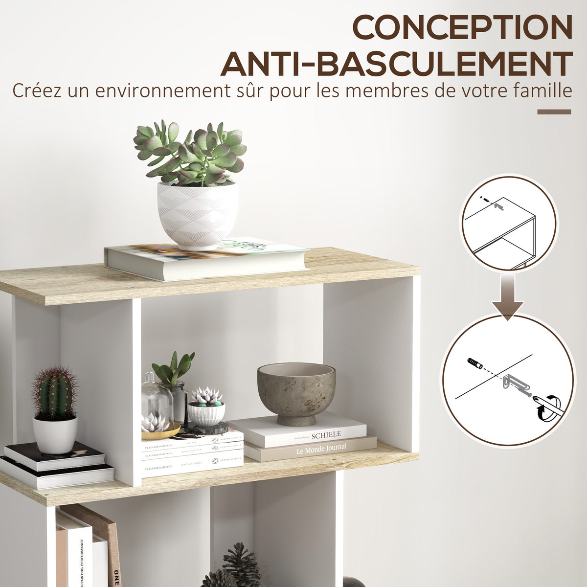 Bibliothèque style scandinave meuble de rangement 5 étagères anti-basculement Charge 25 kg aspect bois & Blanc
