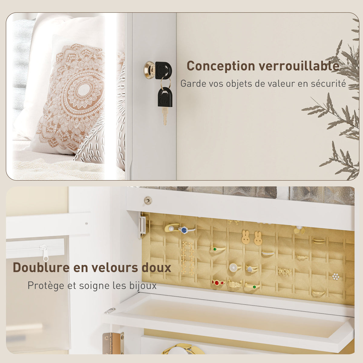 Armoire à bijoux avec LED, organisateur de bijoux mural/de porte verrouillable avec miroir, 37 x 10,5 x 108 cm, blanc