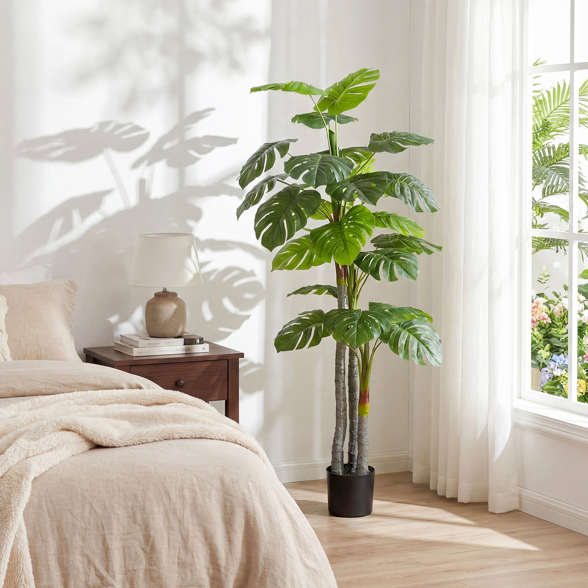 Árbol artificial Planta artificial Monstera Alt. 1,5 m Tronco Ramas Líquen Hojas de costilla de Adán Gran realismo Maceta incluida