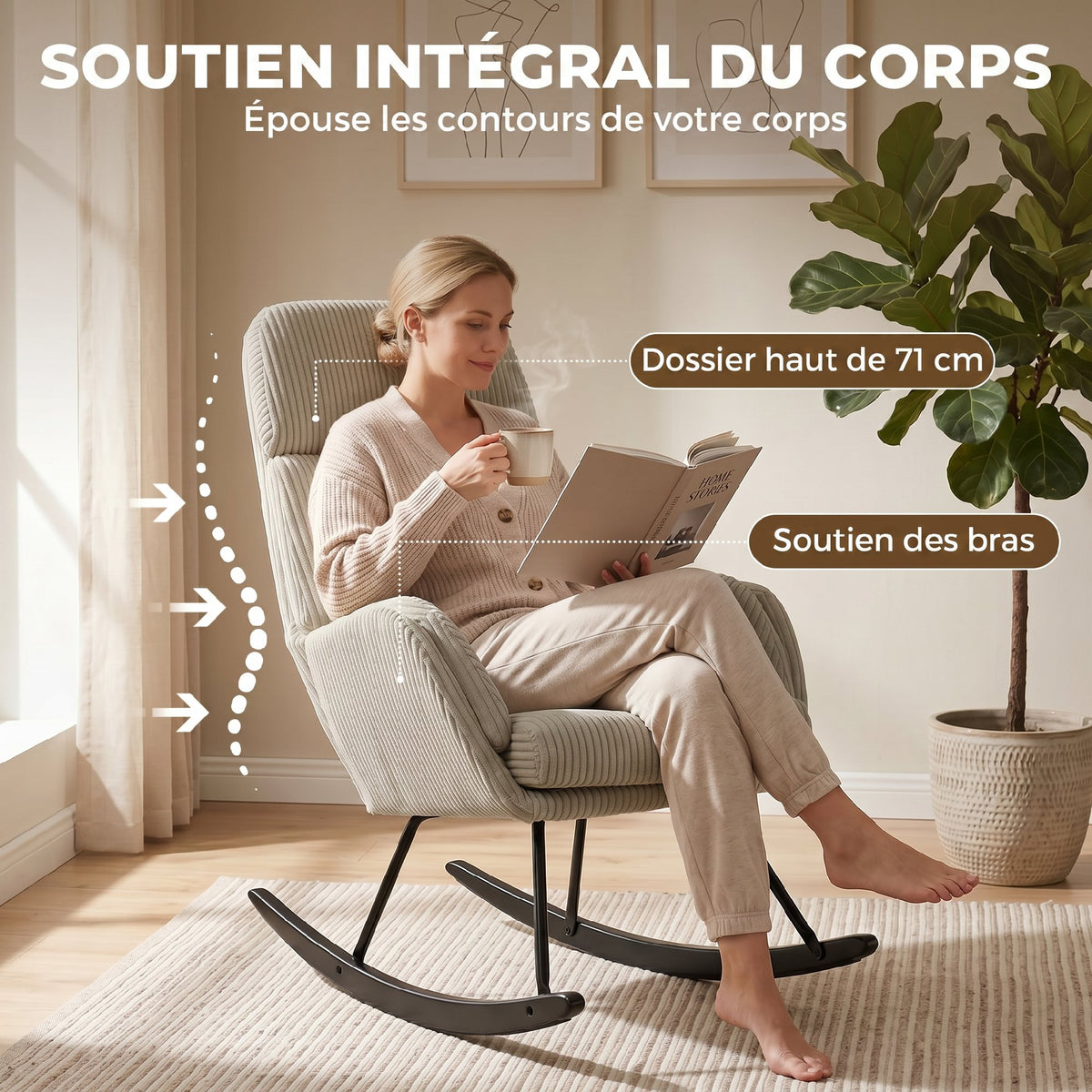 Fauteuil à Bascule, Rocking Chair en Velours Côtelé avec Dossier Haut et Accoudoirs, Pieds en Bois d'hévéa, Beige