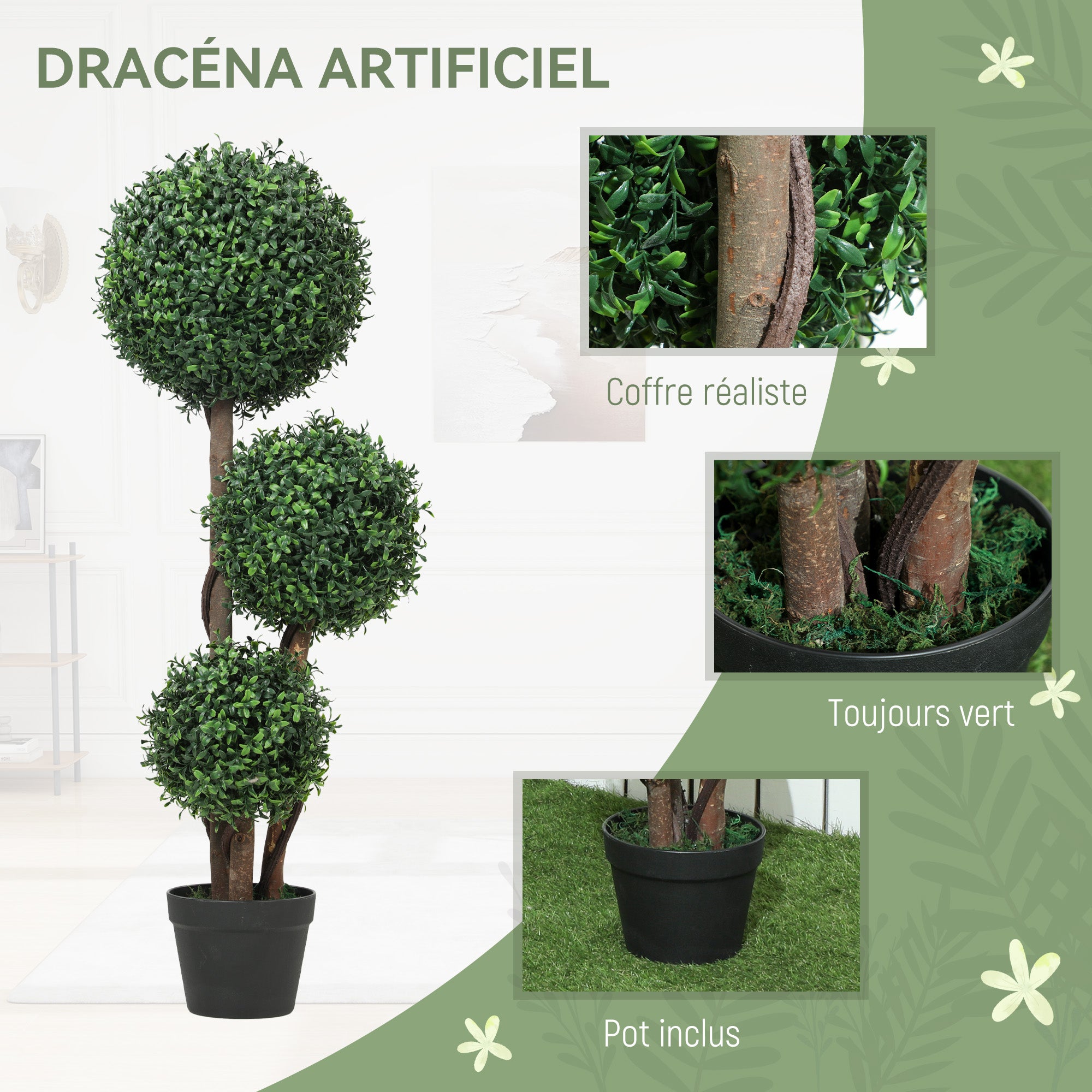 Plante Artificielle 100 cm, 3 Boules de Buis, Pot, Facile à Nettoyer, Arbre Artificiel Intérieur Extérieur, Vert