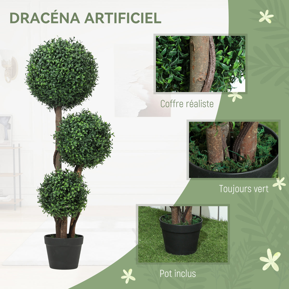 Plante Artificielle 100 cm, 3 Boules de Buis, Pot, Facile à Nettoyer, Arbre Artificiel Intérieur Extérieur, Vert