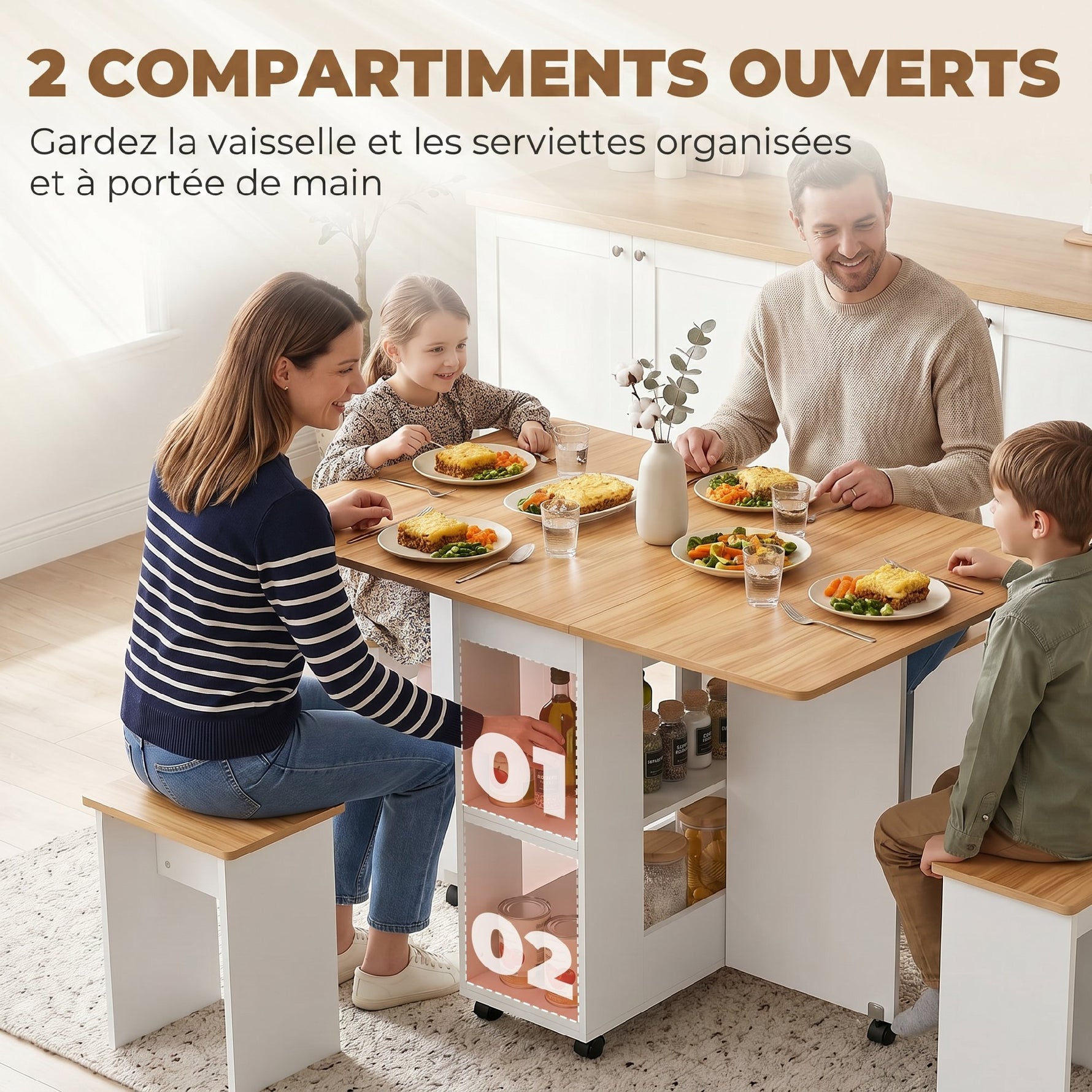 Ensemble table salle à manger pliante avec 4 chaises, table de cuisine avec chaises pour 4 personnes, roulettes, chêne-5