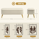 Banc de rangement, bout de lit avec couvercle, pieds en bois, capacité 65 L, jusqu'à 220 kg, 120x42x45cm, beige
