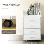 Caisson de bureau rangement sur roulettes 4 tiroirs coulissants MDF et panneaux de particules dim. 40L x 36l x 65H cm blanc