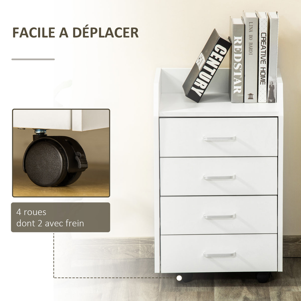 Caisson de bureau rangement sur roulettes 4 tiroirs coulissants MDF et panneaux de particules dim. 40L x 36l x 65H cm blanc