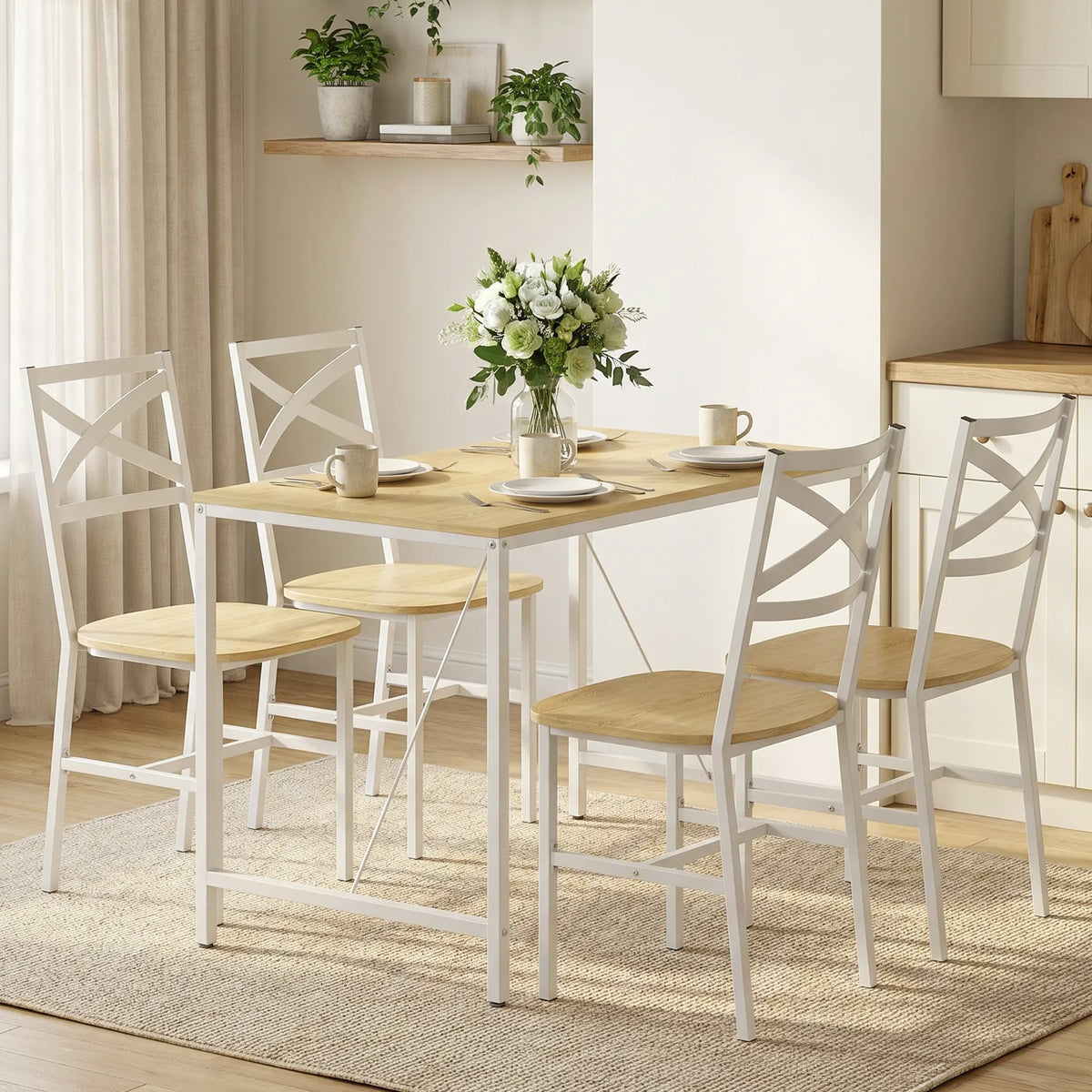 Ensemble Table Salle à Manger avec 4 Chaises, Table de Cuisine avec Chaises pour 4 Personnes, Bois Naturel et Blanc