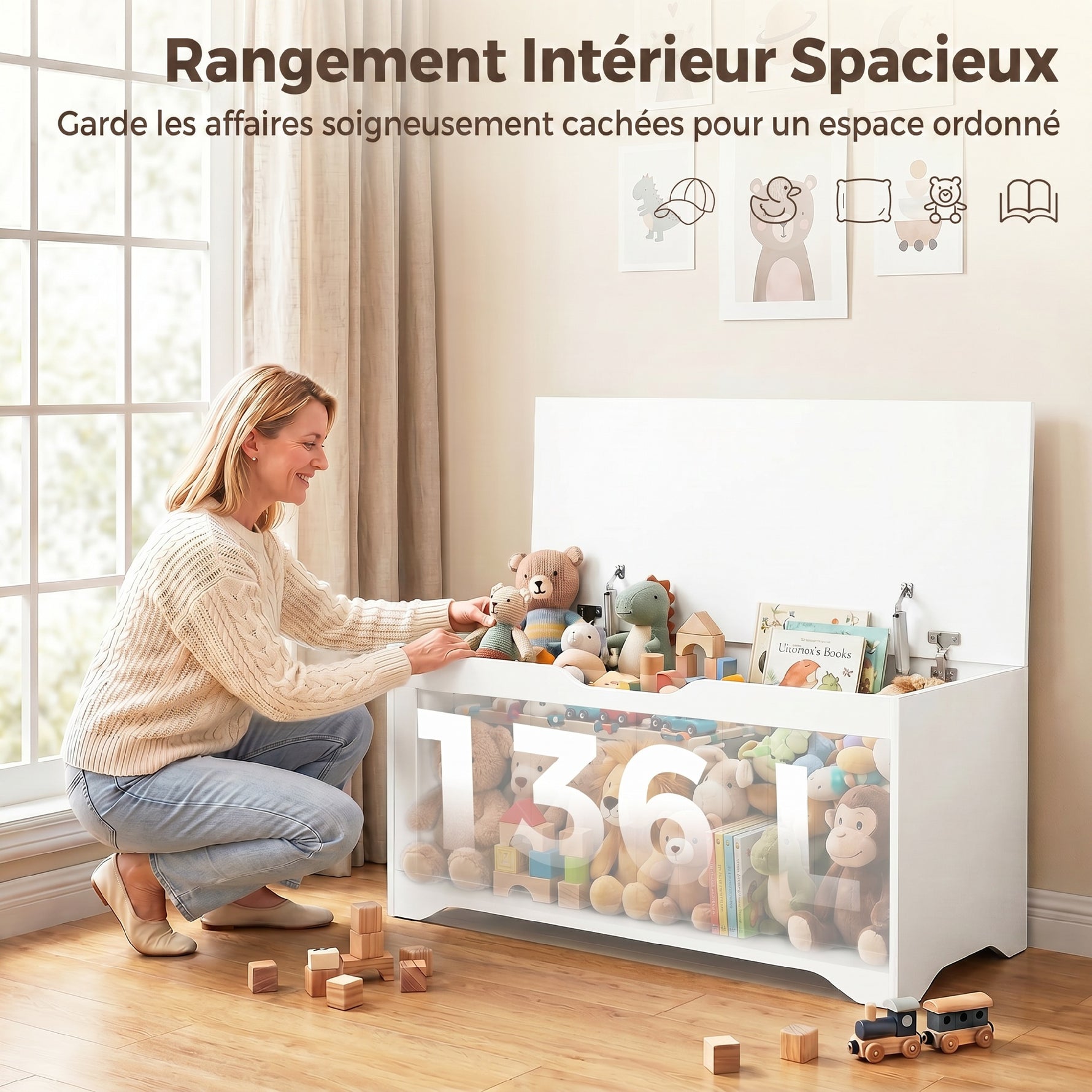 Coffre de Rangement 136 L, Banc Coffre avec 2 Charnières de Sécurité et Design Sans Poignée, 100 x 40 x 45 cm, Blanc