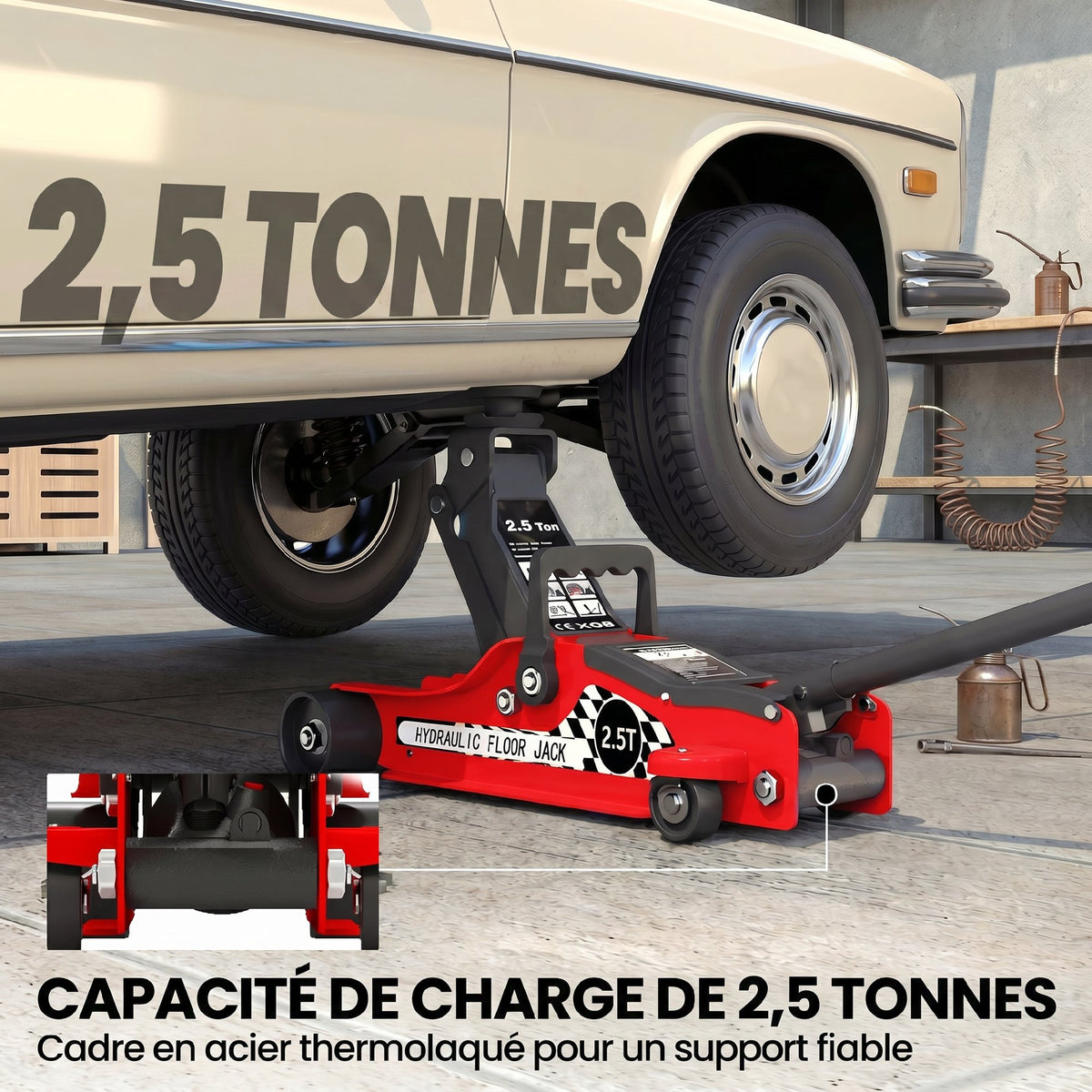 Cric hydraulique, cric de manœuvre extra plat charge max 2500 kg, plage de levage 80-360 mm, 53 x 20,5 x 17,5 cm, rouge