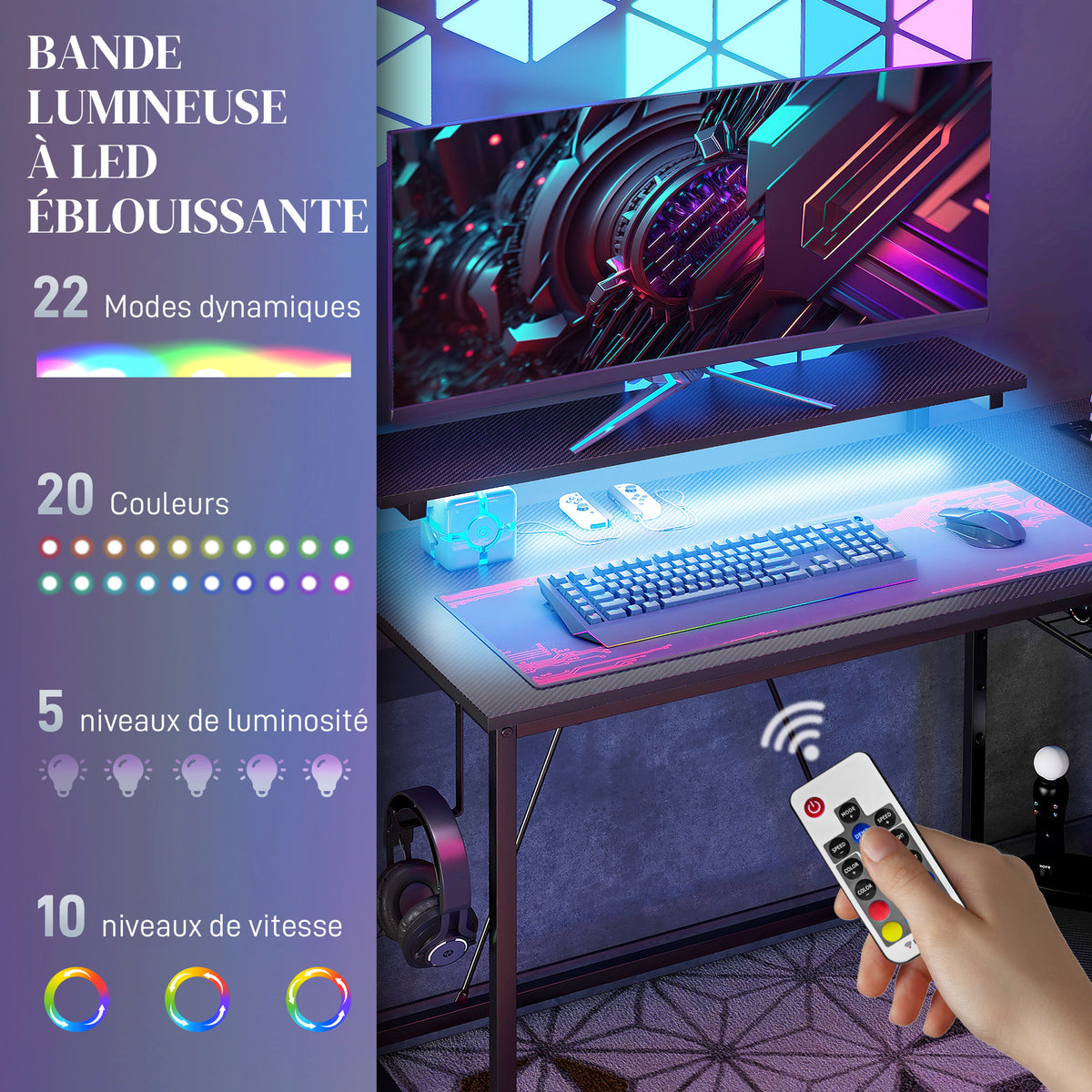 Bureau d'angle réversible, bureau d'ordinateur avec LED, 2 prises et 2 ports USB et panier réglable, 107x80x90cm, noir