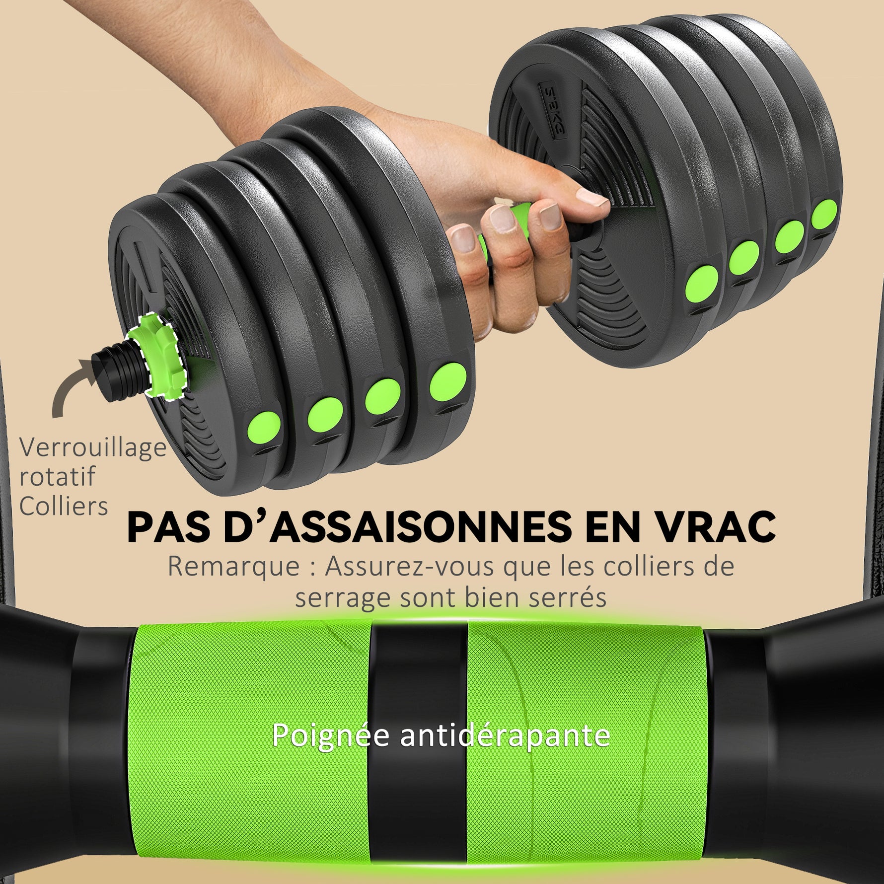 Kit haltères musculation haltères réglables 30 kg 3 en 1, ensemble de poids réglable avec barre d'extension noir