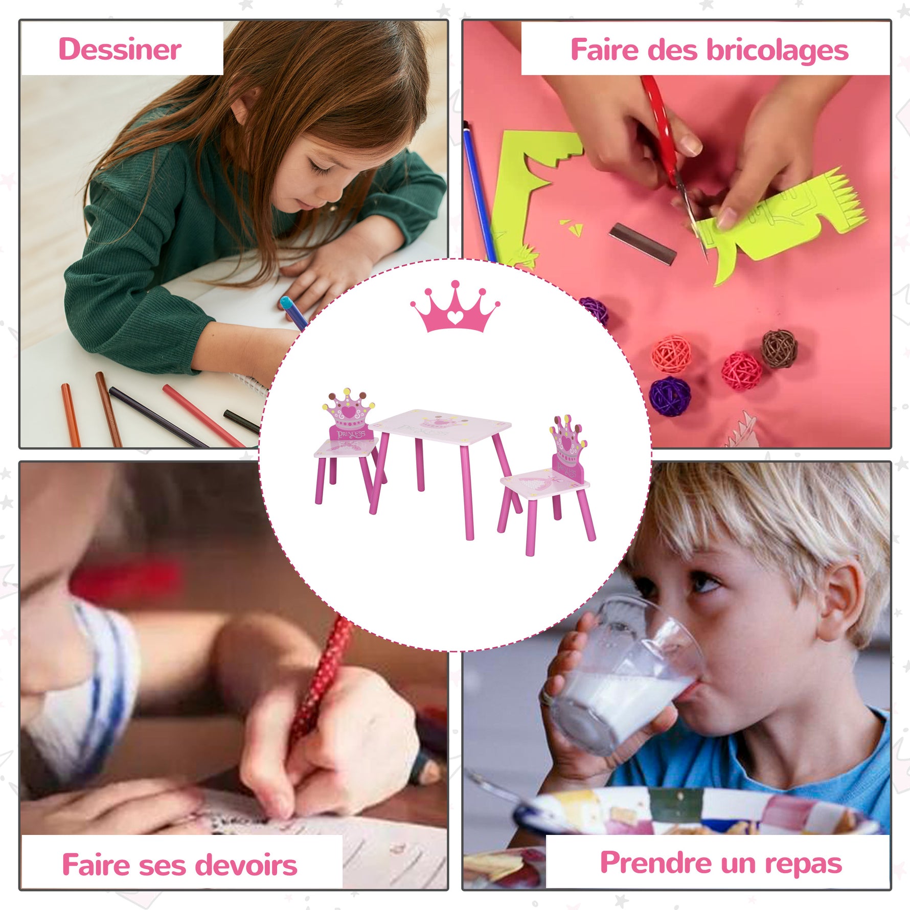 Ensemble table et 2 chaises enfant 3 pièces, pieds en bois massif, table avec chaise motif couronne, pour filles et garçons de 2 à 4 ans, rose