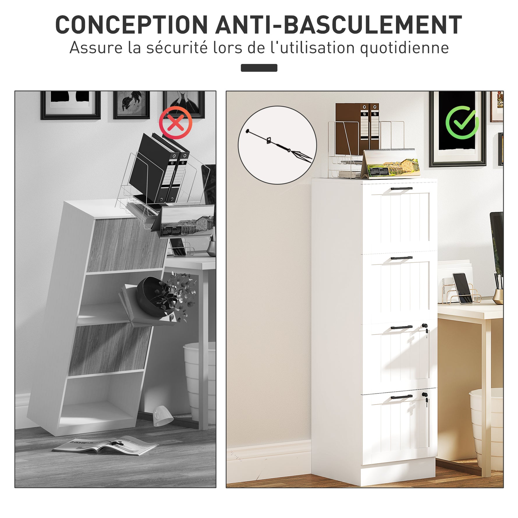 Caisson bureau, meuble rangement bois 4 tiroirs et serrure, barres de suspension réglables, 40 x 40 x 131 cm, blanc