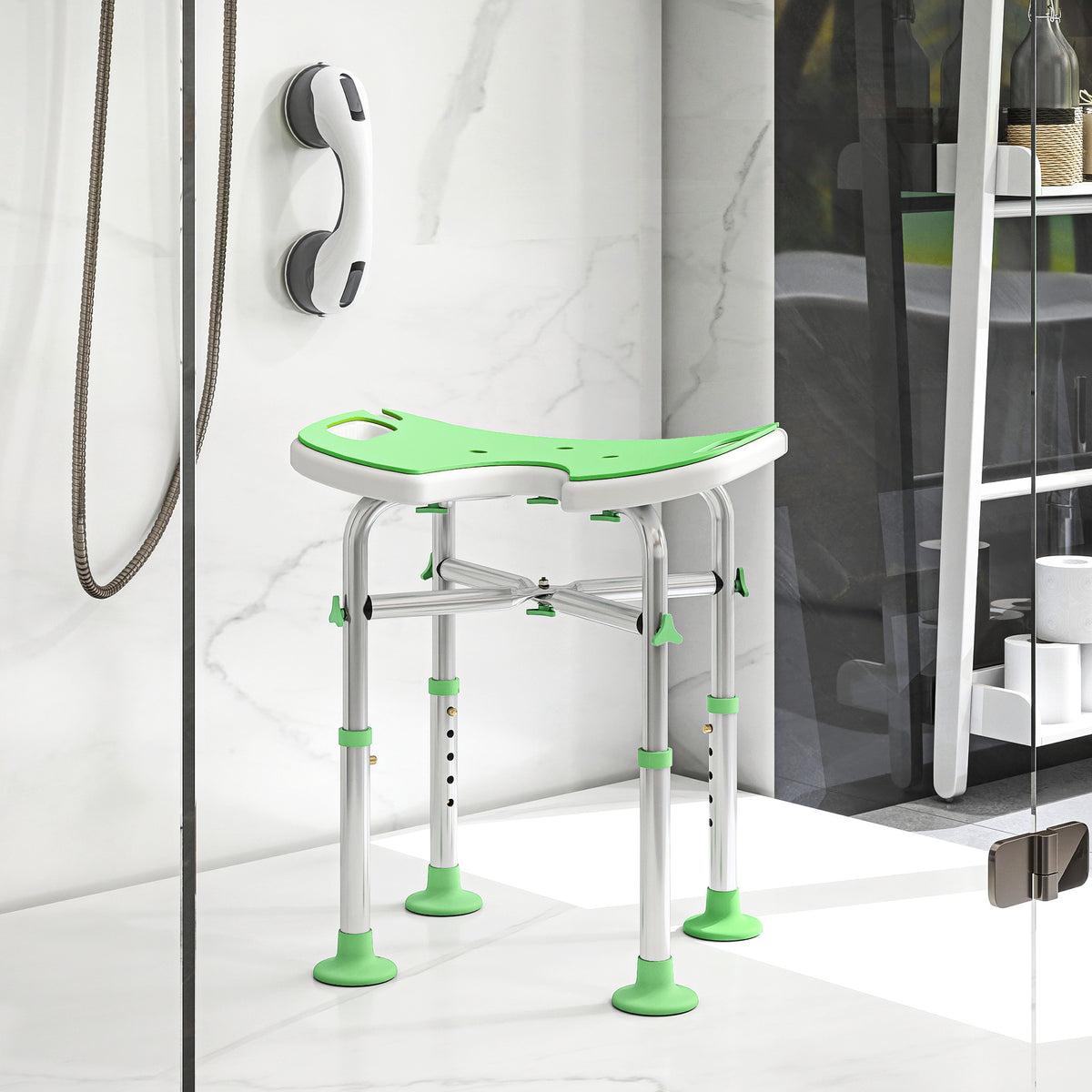 Tabouret de Douche, Hauteur Ajustable 39-51,5 cm, Barre d'Appui à Ventouse, Patins à Ventouse, Vert