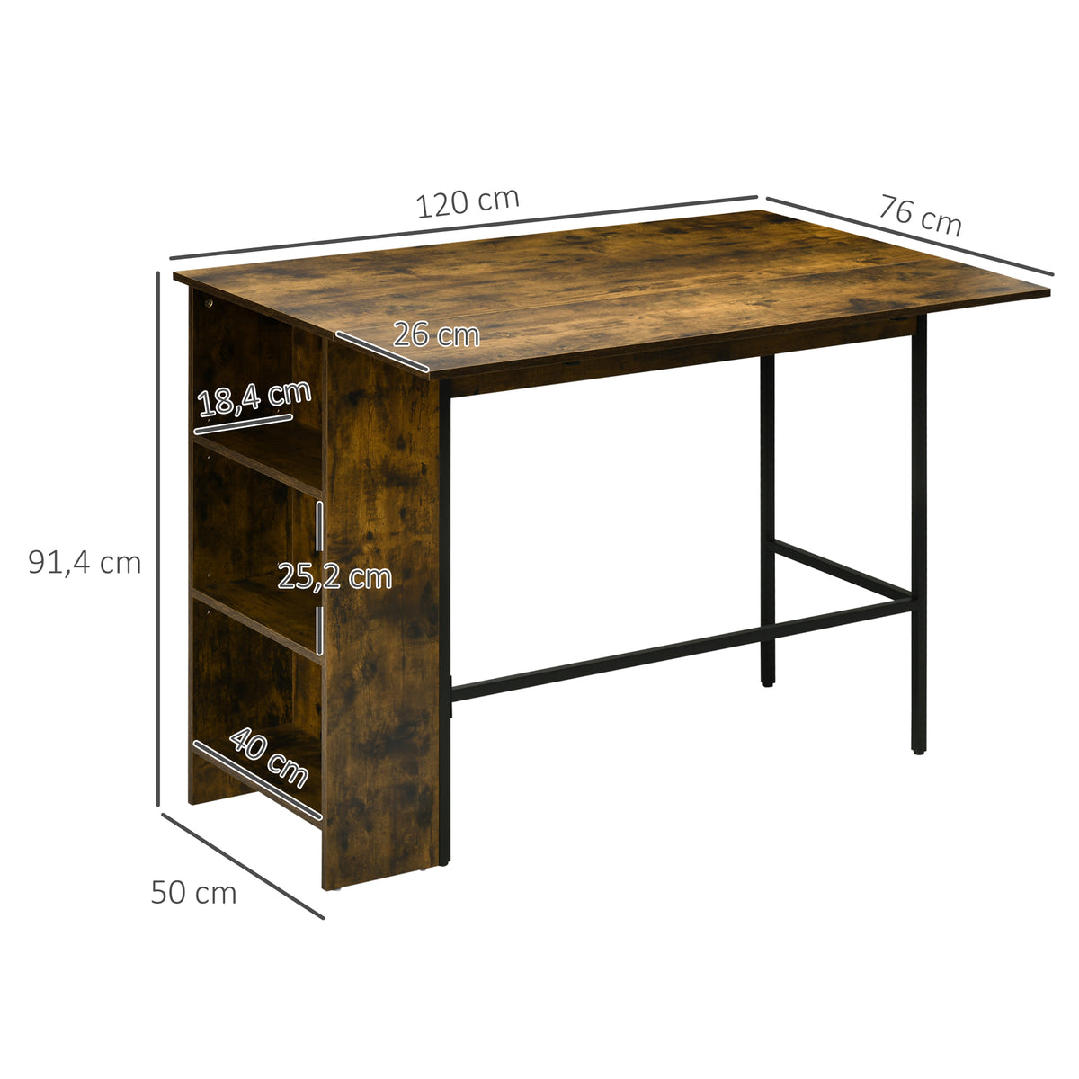 Ilot centra table de bar plateau latéral  rabattable et 3 étagères 120 x 76 x 91,4 cm Brun Rustique