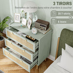 Commode design bohème en rotin avec 3 tiroirs, meuble de rangement pour le salon, le couloir, l'entrée, vert olive