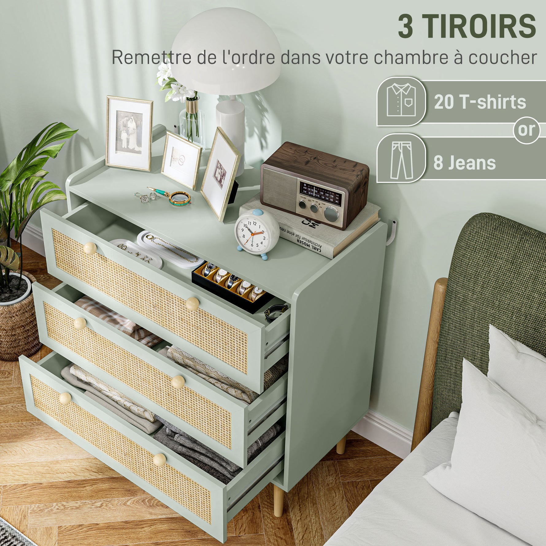 Commode design bohème en rotin avec 3 tiroirs, meuble de rangement pour le salon, le couloir, l'entrée, vert olive