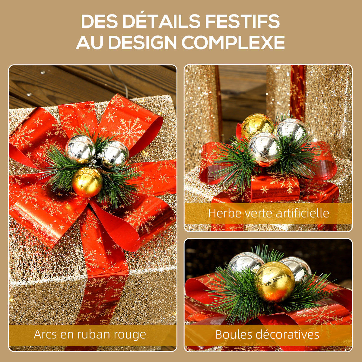 Boîtes cadeaux Noël lumineuse décorations de Noël avec nœud 58 lumières lot de 3 boîtes à cadeaux à LED or