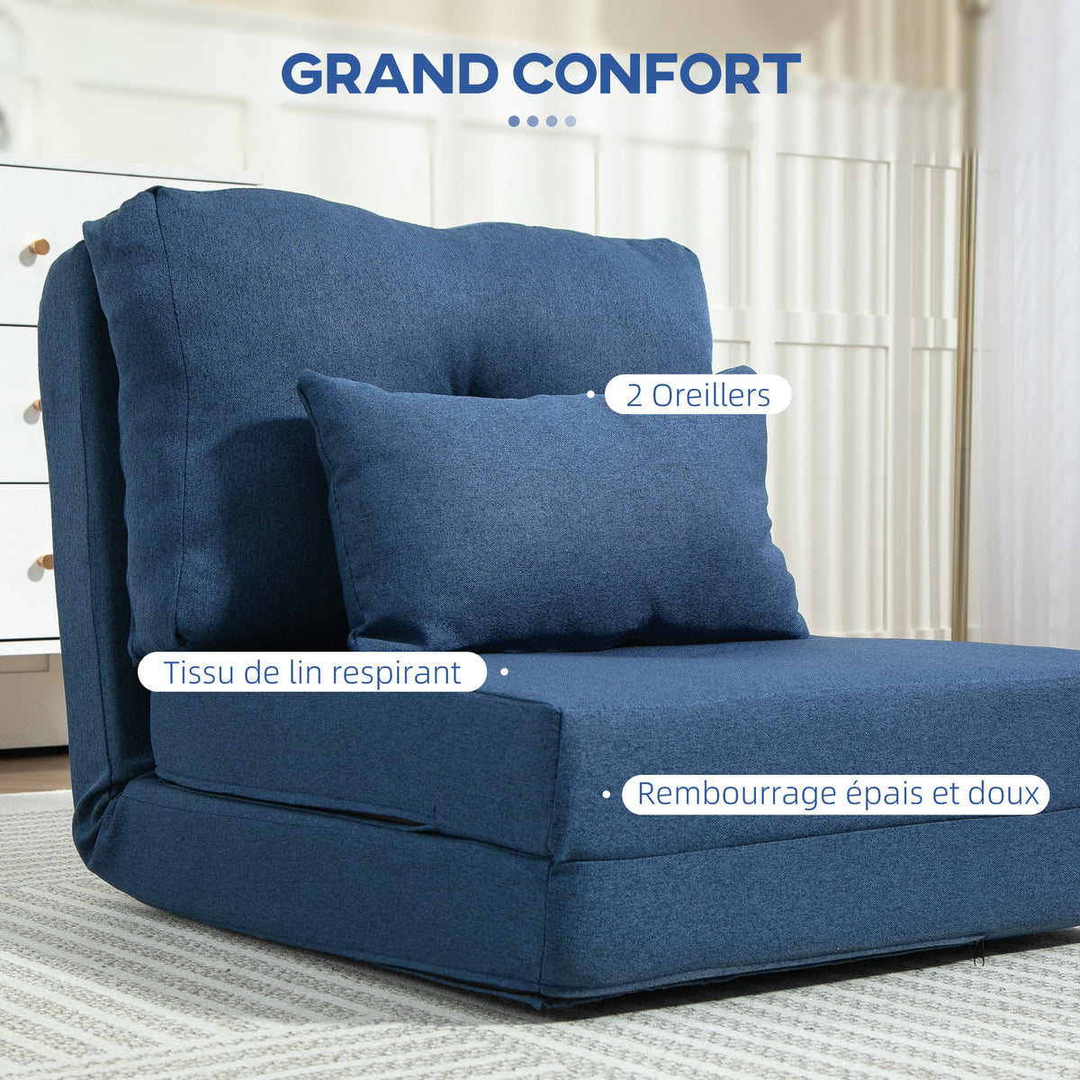 Sillón cama convertible individual con 1 cojín y respaldo ajustable, azul oscuro