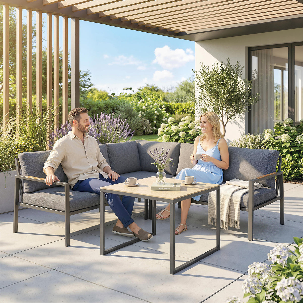 Salon de Jardin Extérieur 3 Pièces 5 Personnes, 2 Canapés avec Coussins Épais, 1 Table Basse, 183x183x72cm, Gris Foncé
